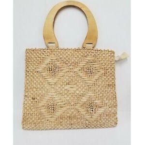 Vintage Square Wicker Purse  Round Wood Handles